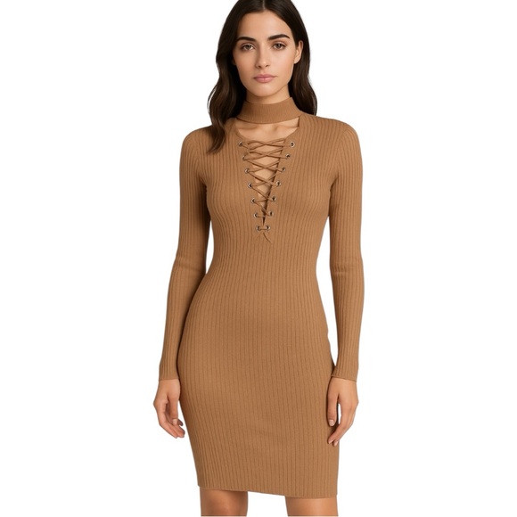 AKIRA Dresses & Skirts - AKIRA Ribbed Lace-up Bodycon Dress Collar Long Sleeved Neutral Stretch Large